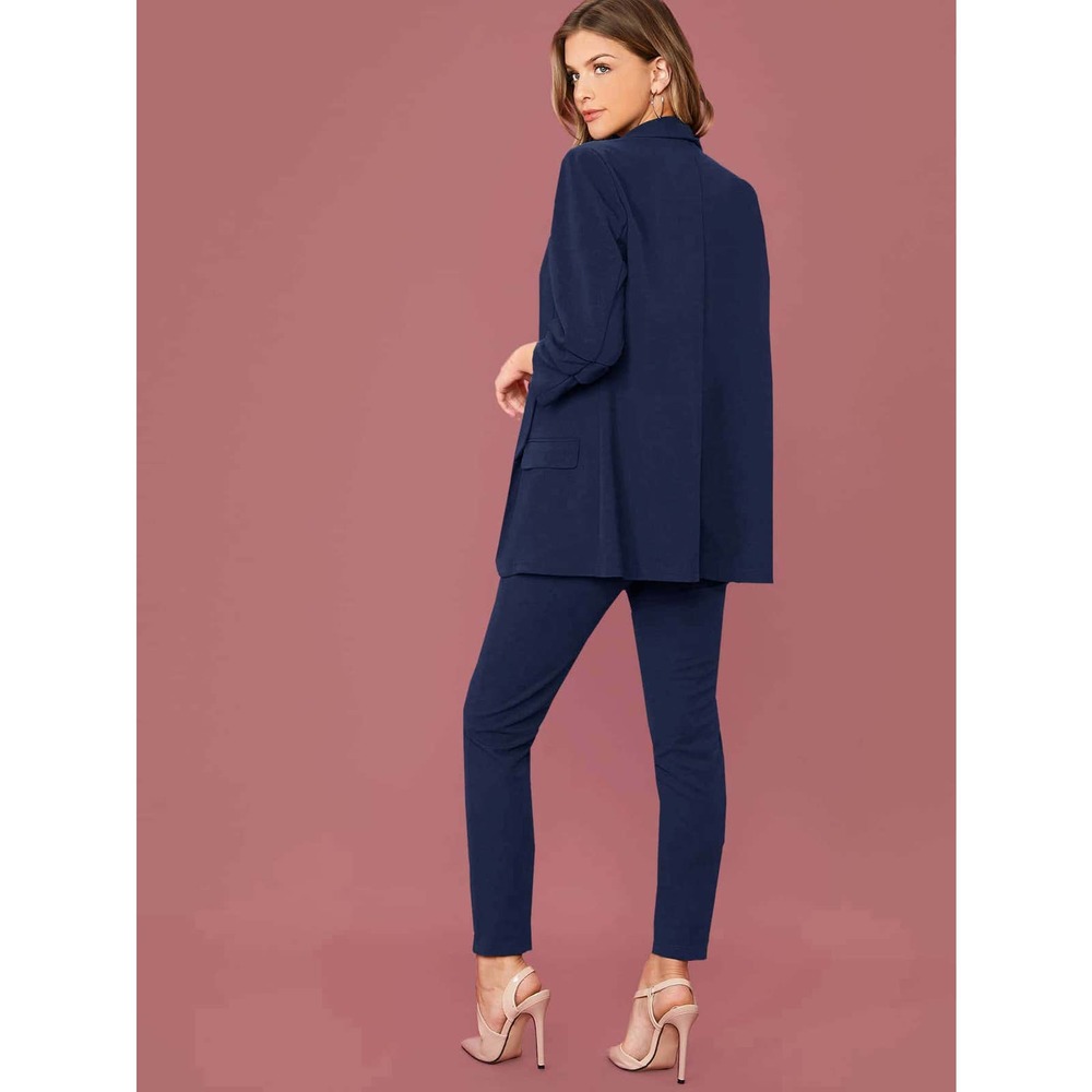 2 piece pantsuit: Shawl Collar Blazer & Paperbag Waist Pants Set green - Picture 5 of 11